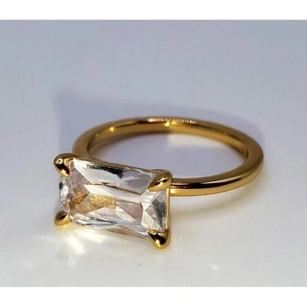 14k Yellow Gold 925 Silver Radiant Emerald Cut CZ Solitaire Ring Engagement